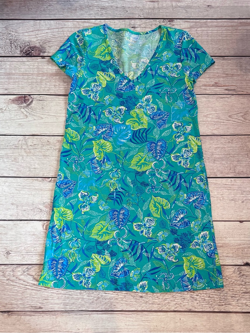 📌 EC Lilly Pulitzer • Kelley Green, Royal Blue & Lime Floral V-Neck Dress